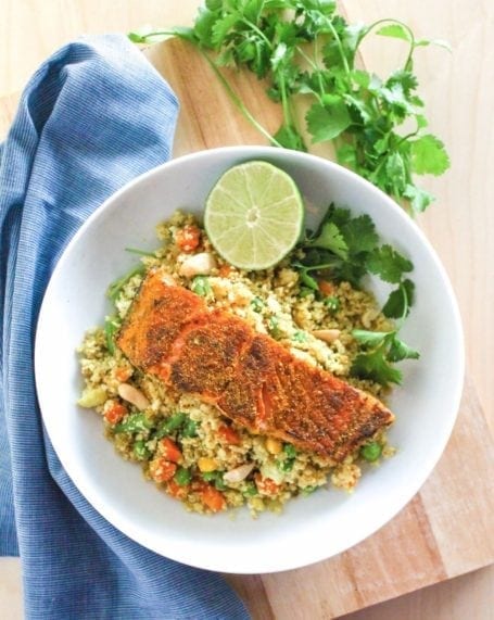Curried Salmon with Cauliflower Rice Biryani - Eat Spin Run Repeat