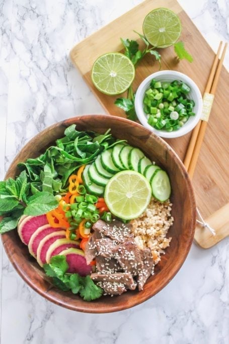 Healthy Korean Beef Bulgogi with Kimchi Cauliflower Fried Rice | #paleo #glutenfree #grainfree | Recipe by Angela Simpson, Culinary Nutrition Expert + Blogger at Eat-Spin-Run-Repeat.com