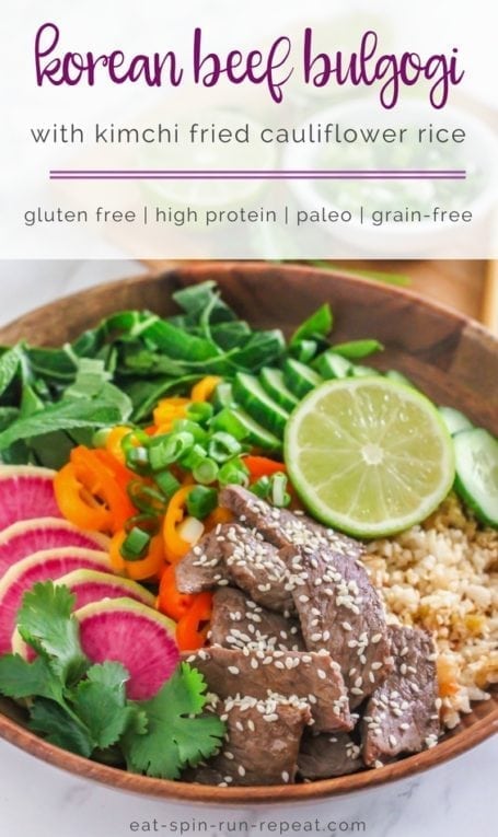 Healthy Korean Beef Bulgogi with Kimchi Cauliflower Fried Rice | #paleo #glutenfree #grainfree | Recipe by Angela Simpson, Culinary Nutrition Expert + Blogger at Eat-Spin-Run-Repeat.com