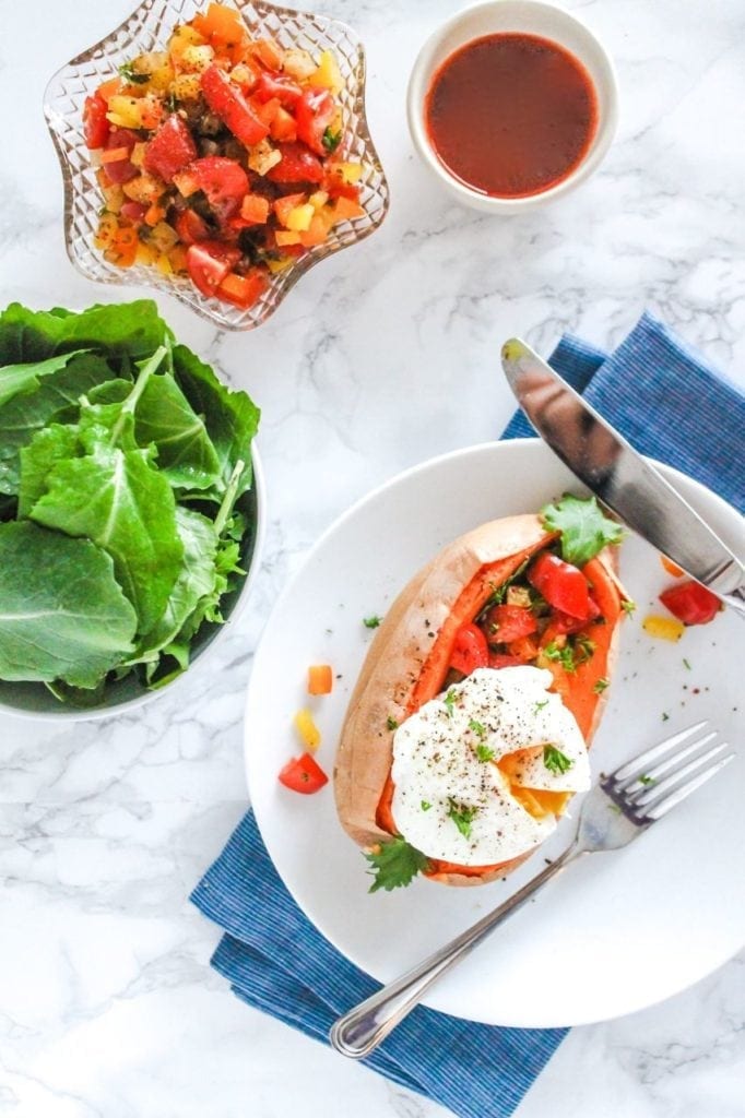 Roasted Sweet Potatoes with Poached Eggs and Pepper Salsa - My Fresh Perspective | #paleo #glutenfree #grainfree #dairyfree #whole30