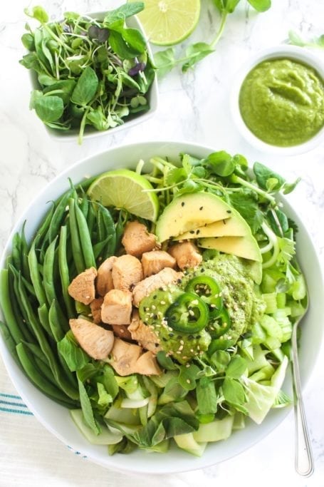 All-Green Bowl with Cilantro Ginger Jalapeno Sauce | If you need a new healthy lunch idea, this high-protein buddha bowl is the perfect way to infuse some delicious variety in your meal prep routine! | Angela Simpson, Eat Spin Run Repeat | #paleo #chicken #buddhabowl #mealprep