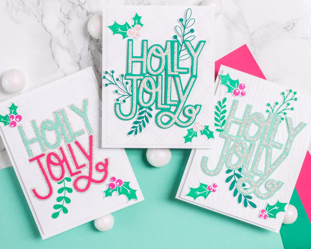 3 cards featuring The Stamp Market Holly Jolly stamp set, 2-piece die and coordinating greenery - via @mycraftyperspective